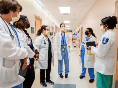 Medicine residents conversing in hospital hallway